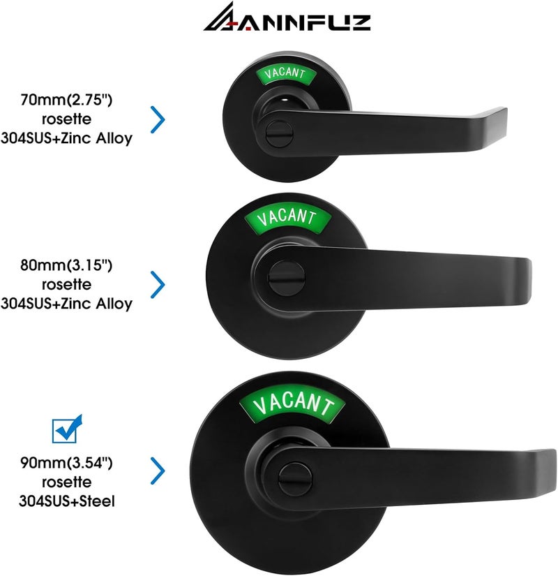 ANNFUZ Vacant Occupied Bathroom Door Handle Lock,Keyless Privacy Lever Lock with Large Indicator in-Use Sign,ANSI Grade 2 Commercial Grade Doorknob,for Public Restrooms Office Hospital(Matte Black) - Image 2